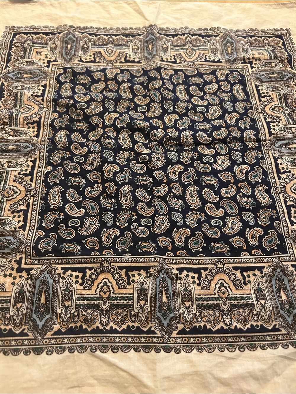Men's Paisley Scarf in Navy and Cream 17 in.² All Cotton Made in England